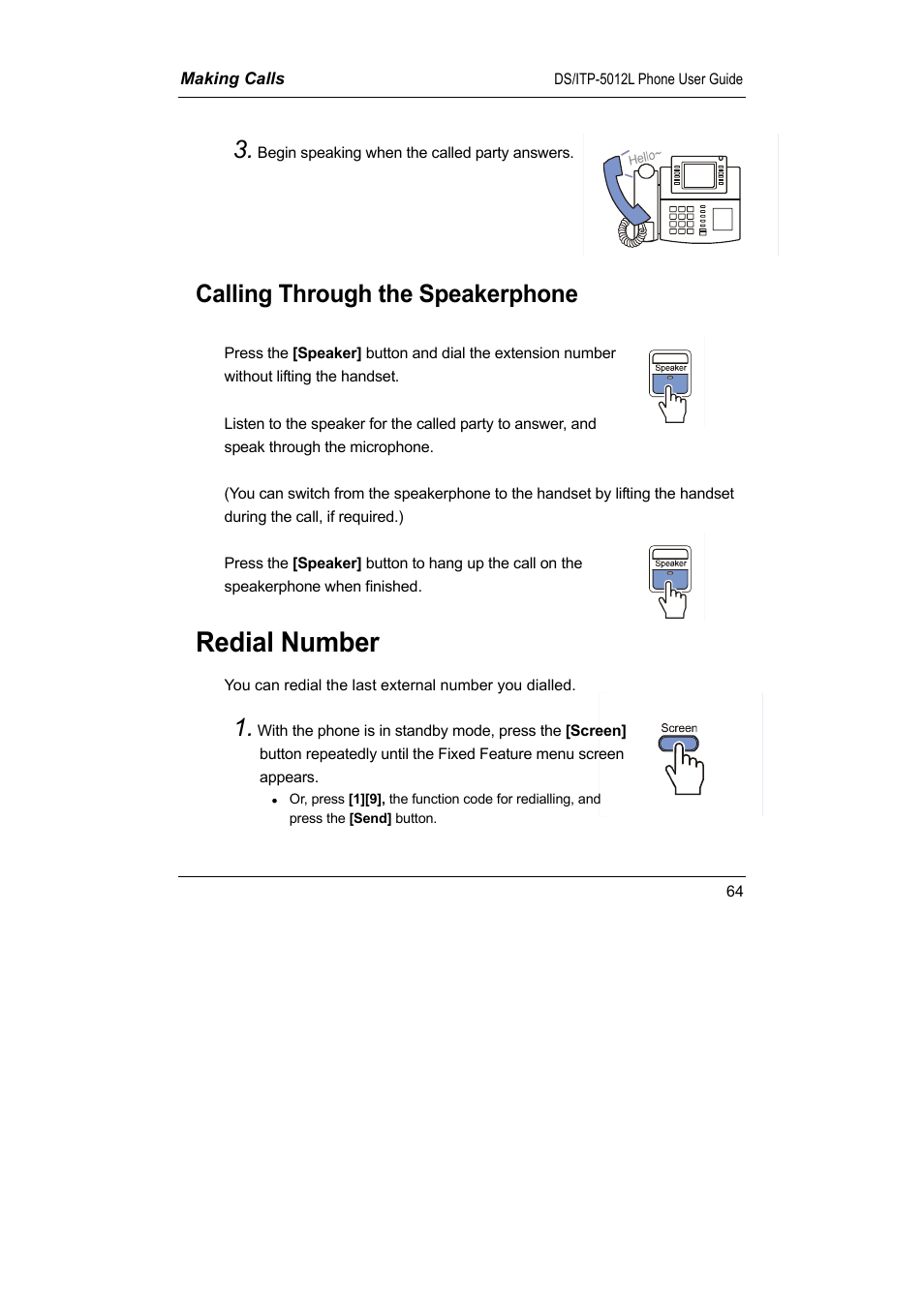 Redial number, Calling through the speakerphone | Samsung DS-5012L User Manual | Page 77 / 187