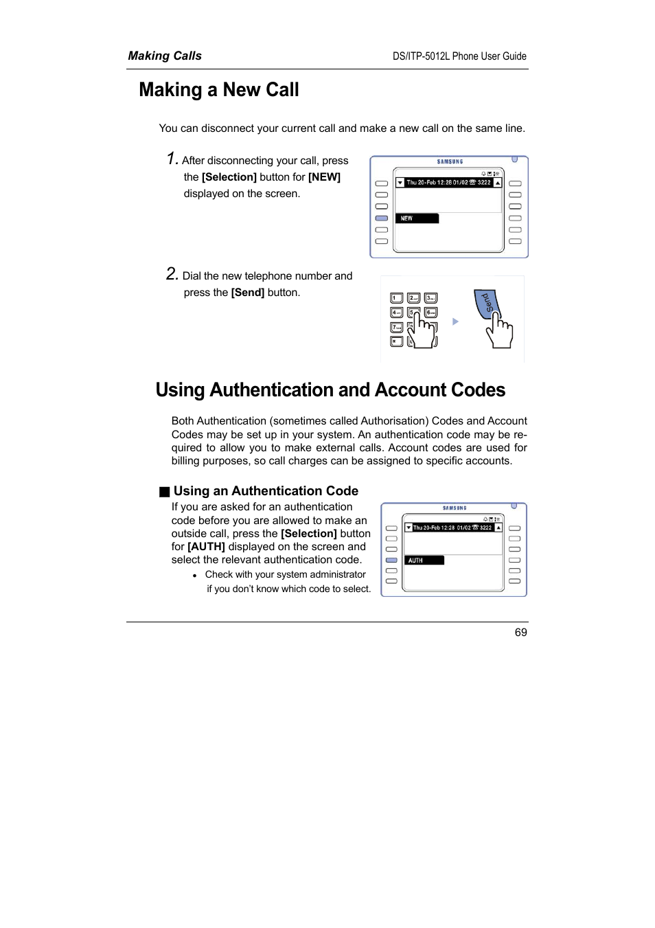 Making a new call, Using authentication and account codes | Samsung DS-5012L User Manual | Page 82 / 187