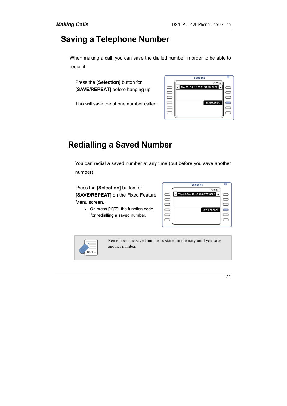 Saving a telephone number, Redialling a saved number | Samsung DS-5012L User Manual | Page 84 / 187