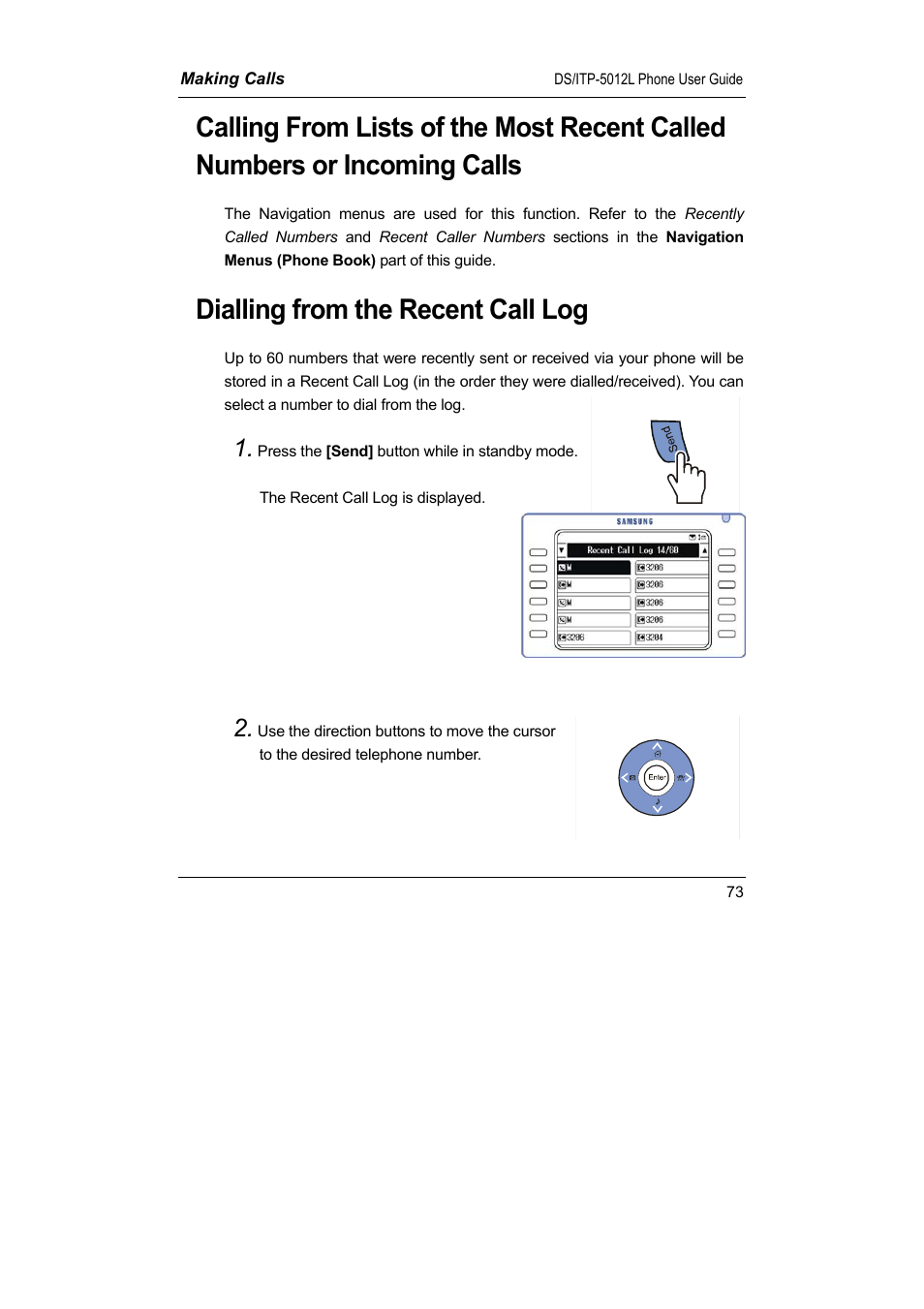 Dialling from the recent call log | Samsung DS-5012L User Manual | Page 86 / 187