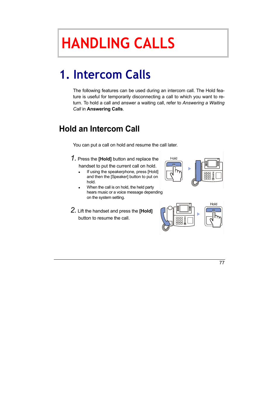 Handling calls, Intercom calls, Intercom calls hold an intercom call | Hold an intercom call | Samsung DS-5012L User Manual | Page 90 / 187