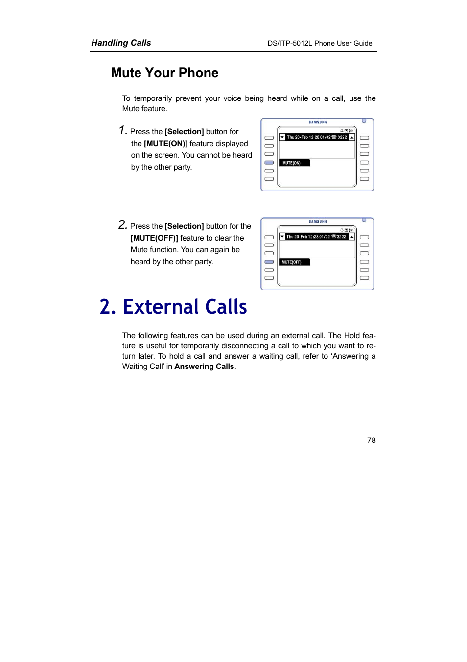 External calls, Mute your phone 2. external calls, Mute your phone | Samsung DS-5012L User Manual | Page 91 / 187