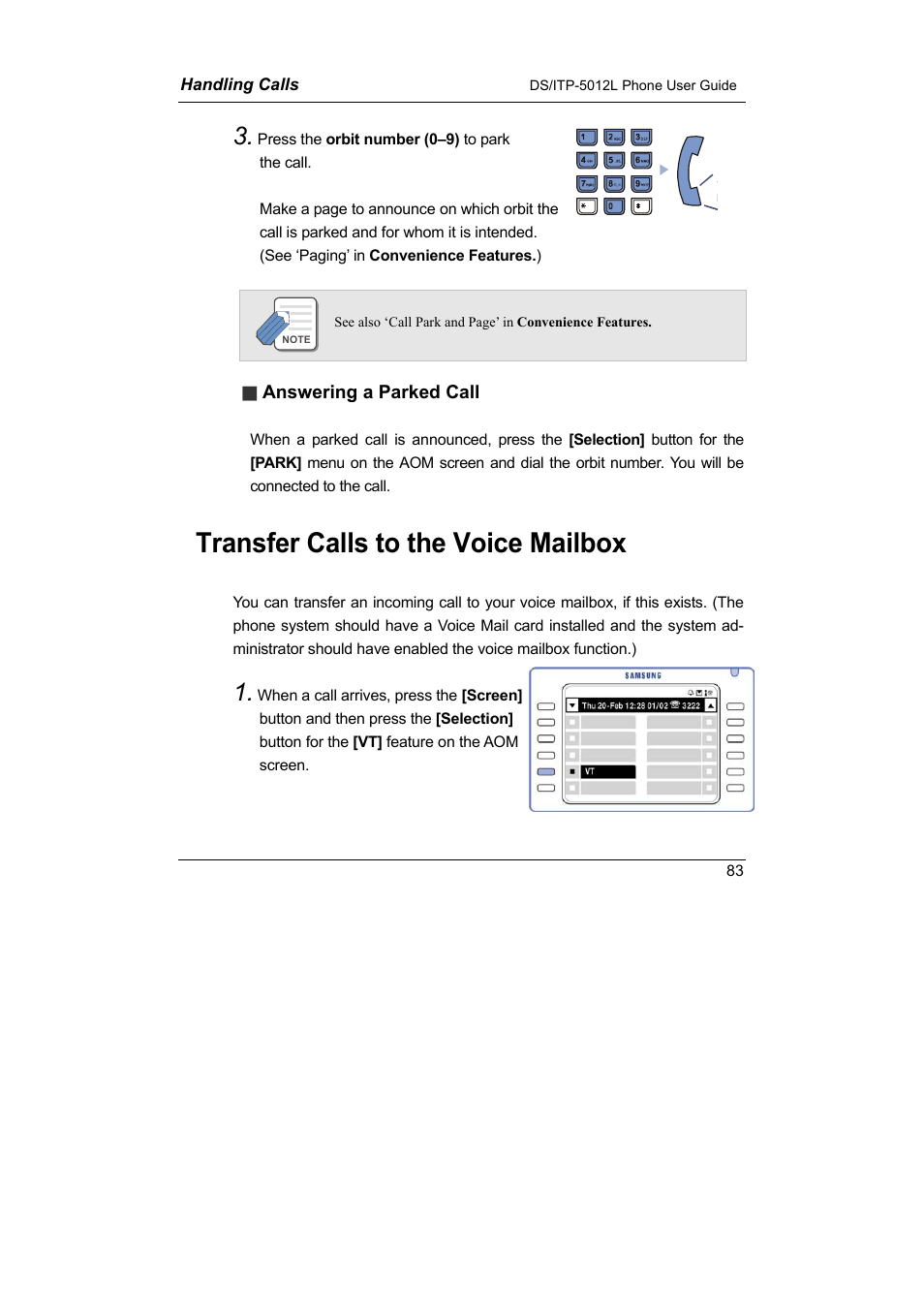 Transfer calls to voice mailbox, Transfer calls to the voice mailbox | Samsung DS-5012L User Manual | Page 96 / 187