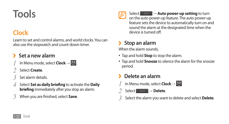 Tools, Clock | Samsung WAVE GT-S8500 User Manual | Page 100 / 145