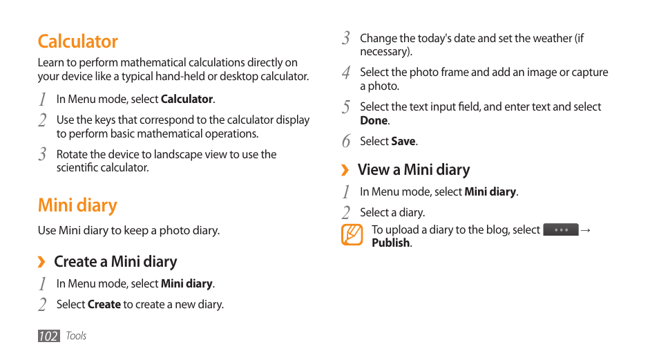 Calculator, Mini diary, Calculator mini diary | Samsung WAVE GT-S8500 User Manual | Page 102 / 145