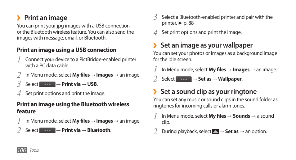 Set an image as your wallpaper, Set a sound clip as your ringtone, Print an image | Samsung WAVE GT-S8500 User Manual | Page 106 / 145