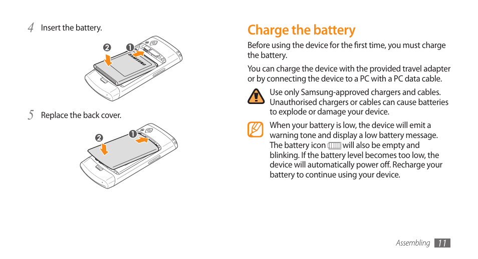Charge the battery | Samsung WAVE GT-S8500 User Manual | Page 11 / 145