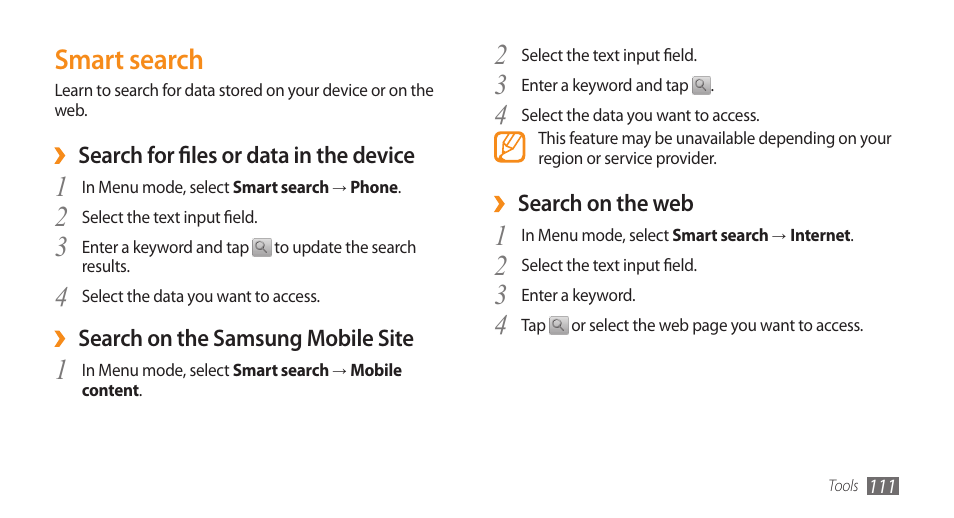 Smart search | Samsung WAVE GT-S8500 User Manual | Page 111 / 145