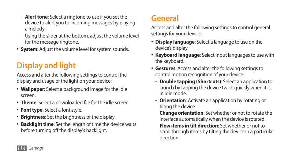 Display and light, General, Display and light general | Samsung WAVE GT-S8500 User Manual | Page 114 / 145