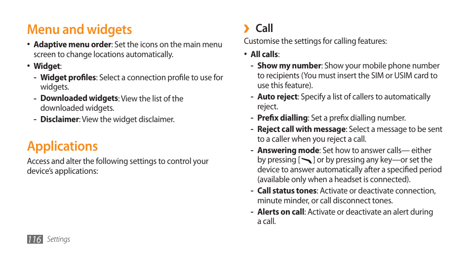 Menu and widgets, Applications, Call | Samsung WAVE GT-S8500 User Manual | Page 116 / 145