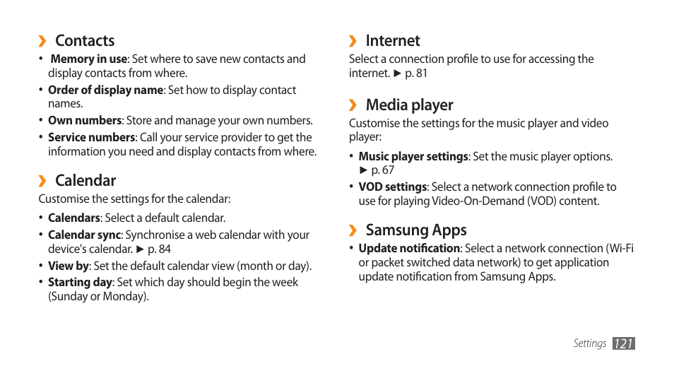 Internet, Media player, Samsung apps | Contacts, Calendar | Samsung WAVE GT-S8500 User Manual | Page 121 / 145