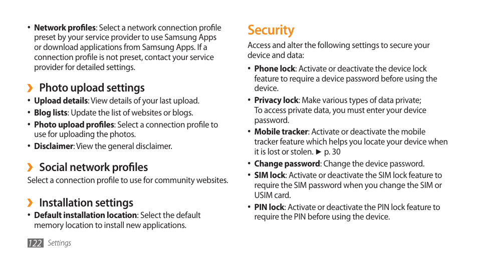 Security, Photo upload settings, Social network profiles | Installation settings | Samsung WAVE GT-S8500 User Manual | Page 122 / 145