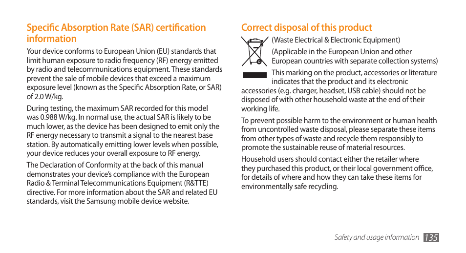 Correct disposal of this product | Samsung WAVE GT-S8500 User Manual | Page 135 / 145