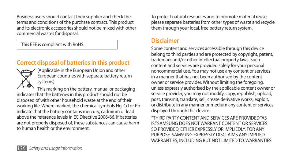 Disclaimer, Correct disposal of batteries in this product | Samsung WAVE GT-S8500 User Manual | Page 136 / 145