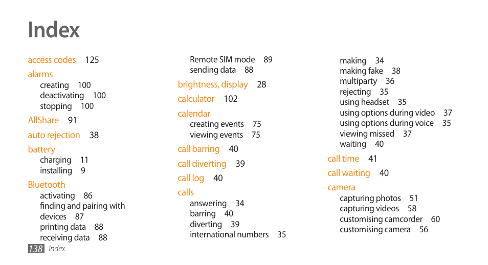 Index | Samsung WAVE GT-S8500 User Manual | Page 138 / 145