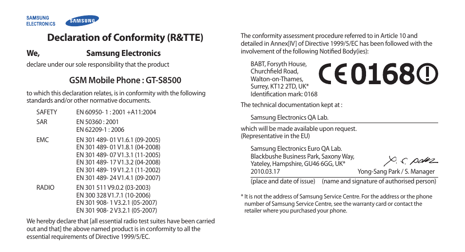 Declaration of conformity (r&tte) | Samsung WAVE GT-S8500 User Manual | Page 144 / 145