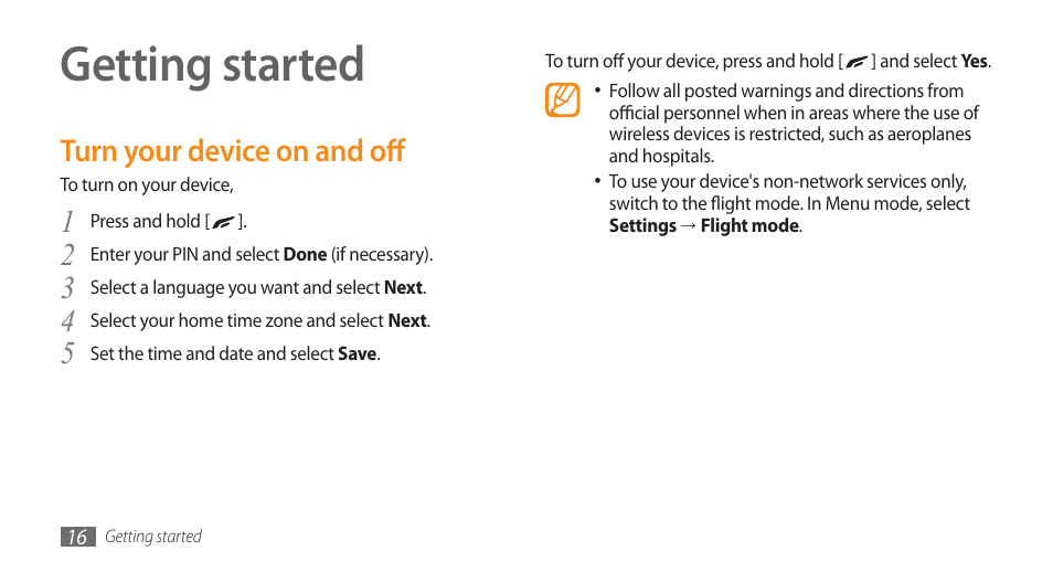 Getting started, Turn your device on and off | Samsung WAVE GT-S8500 User Manual | Page 16 / 145