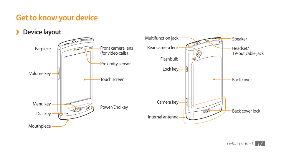 Get to know your device, Device layout | Samsung WAVE GT-S8500 User Manual | Page 17 / 145