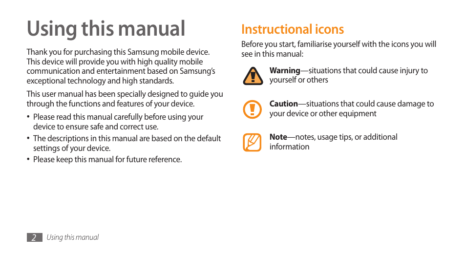 Using this manual, Instructional icons | Samsung WAVE GT-S8500 User Manual | Page 2 / 145