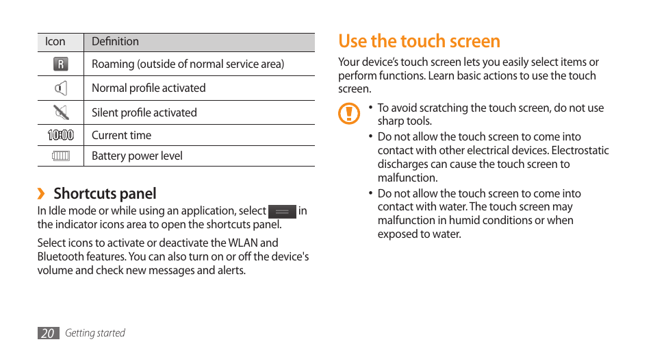 Use the touch screen, Shortcuts panel | Samsung WAVE GT-S8500 User Manual | Page 20 / 145