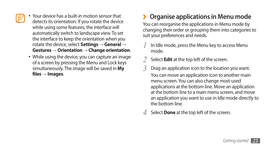 Organise applications in menu mode | Samsung WAVE GT-S8500 User Manual | Page 23 / 145