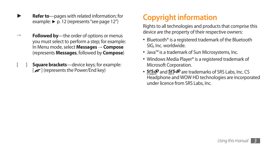 Copyright information | Samsung WAVE GT-S8500 User Manual | Page 3 / 145