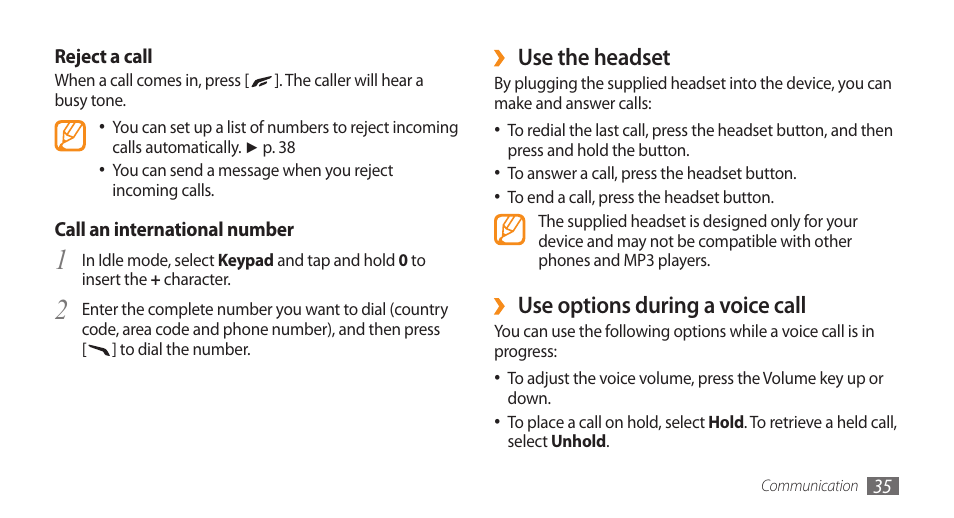 Use the headset, Use options during a voice call | Samsung WAVE GT-S8500 User Manual | Page 35 / 145