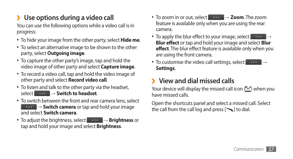 View and dial missed calls, Use options during a video call | Samsung WAVE GT-S8500 User Manual | Page 37 / 145