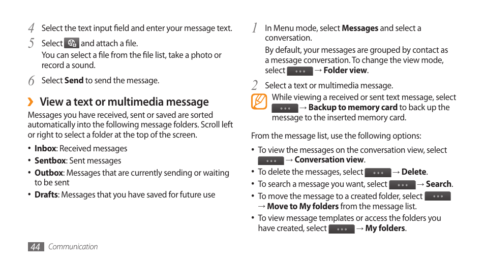 View a text or multimedia message | Samsung WAVE GT-S8500 User Manual | Page 44 / 145