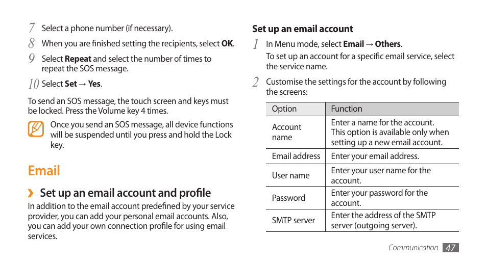 Email, Set up an email account and profile | Samsung WAVE GT-S8500 User Manual | Page 47 / 145