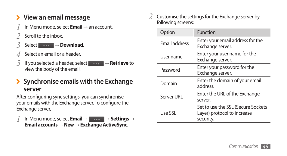 View an email message, Synchronise emails with the exchange server | Samsung WAVE GT-S8500 User Manual | Page 49 / 145