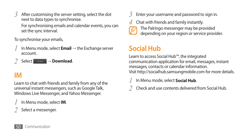 Social hub, Im social hub | Samsung WAVE GT-S8500 User Manual | Page 50 / 145