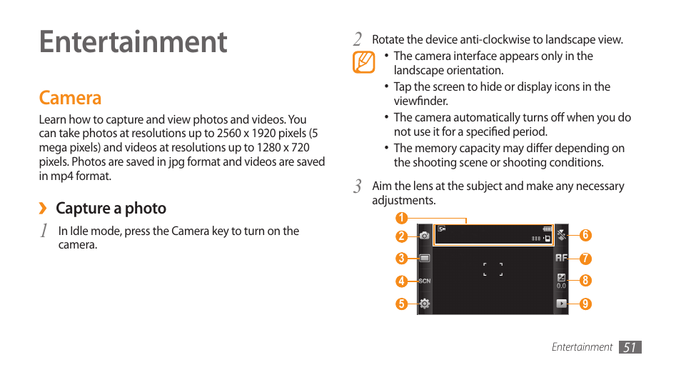 Entertainment, Camera | Samsung WAVE GT-S8500 User Manual | Page 51 / 145