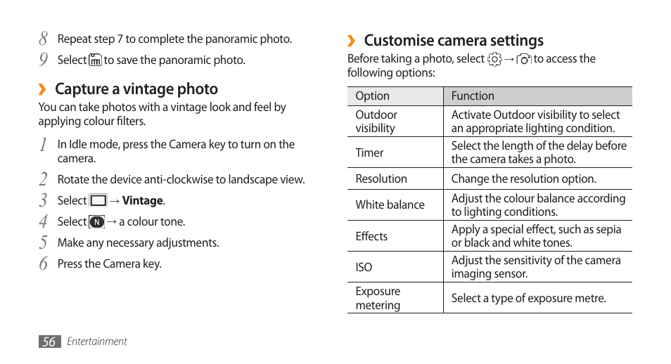 Customise camera settings, Capture a vintage photo | Samsung WAVE GT-S8500 User Manual | Page 56 / 145