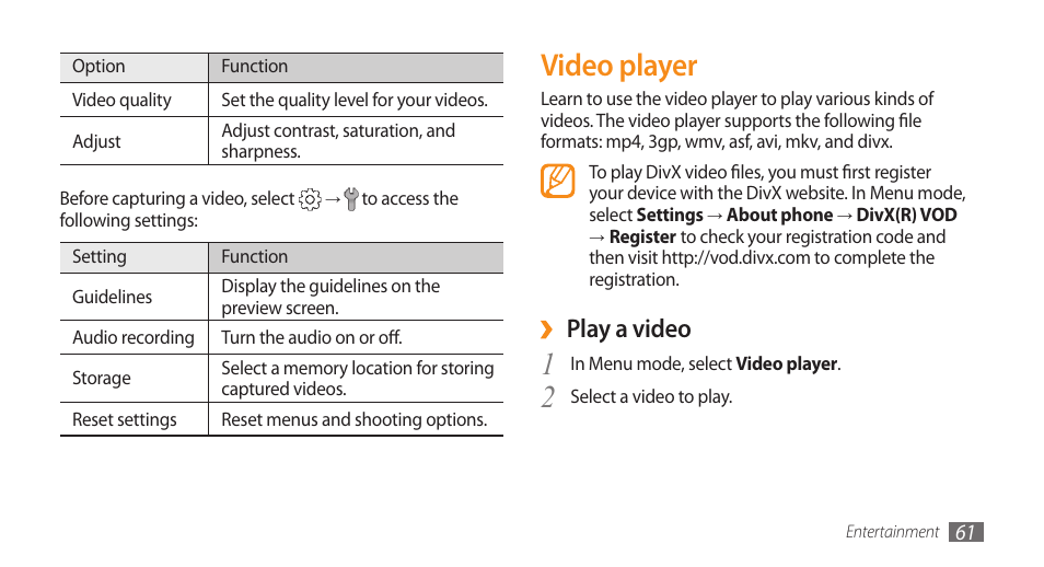 Video player, Play a video | Samsung WAVE GT-S8500 User Manual | Page 61 / 145