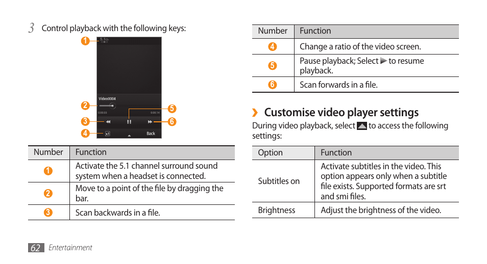 Customise video player settings | Samsung WAVE GT-S8500 User Manual | Page 62 / 145