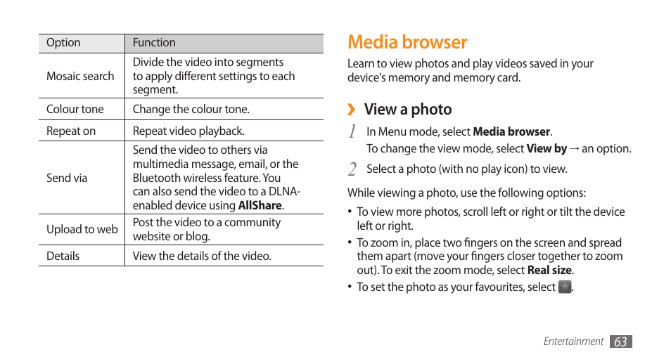 Media browser, View a photo | Samsung WAVE GT-S8500 User Manual | Page 63 / 145