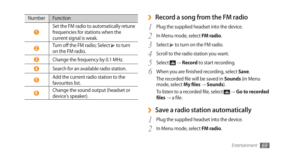 Record a song from the fm radio, Save a radio station automatically | Samsung WAVE GT-S8500 User Manual | Page 69 / 145
