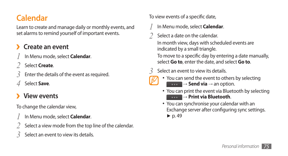 Calendar | Samsung WAVE GT-S8500 User Manual | Page 75 / 145
