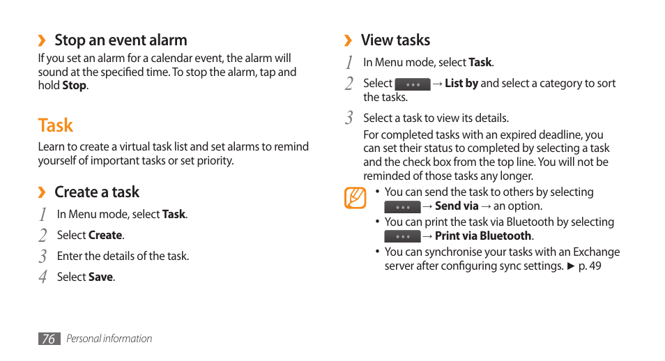 Task | Samsung WAVE GT-S8500 User Manual | Page 76 / 145