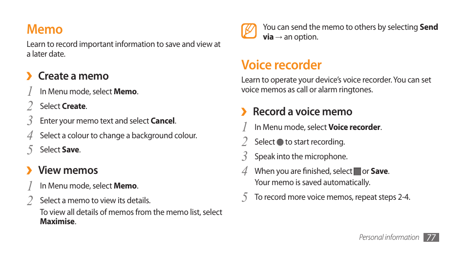 Memo, Voice recorder, Memo voice recorder | Samsung WAVE GT-S8500 User Manual | Page 77 / 145