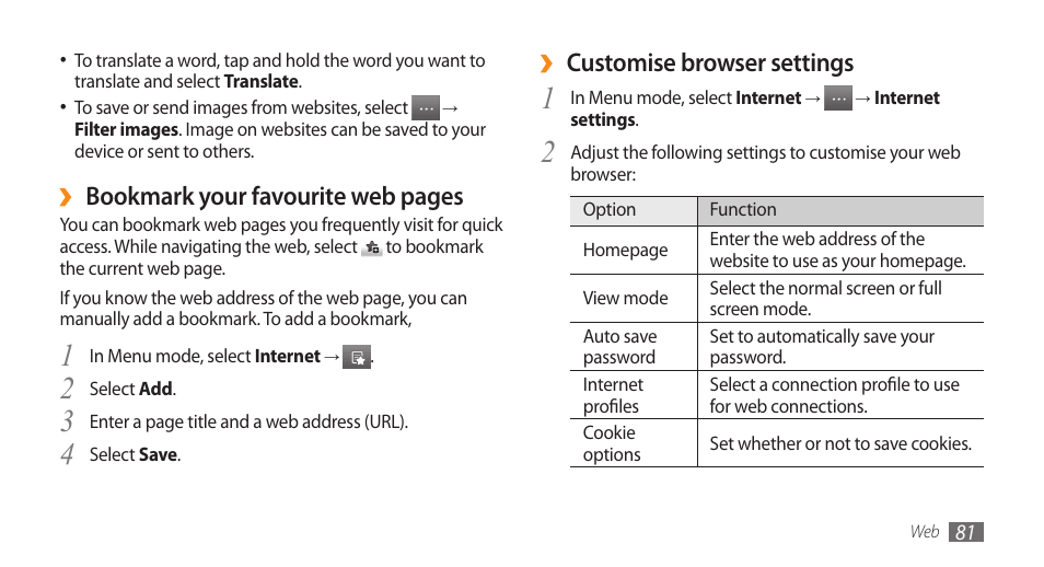 Customise browser settings, Bookmark your favourite web pages | Samsung WAVE GT-S8500 User Manual | Page 81 / 145