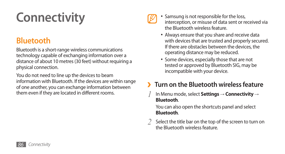 Connectivity, Bluetooth | Samsung WAVE GT-S8500 User Manual | Page 86 / 145