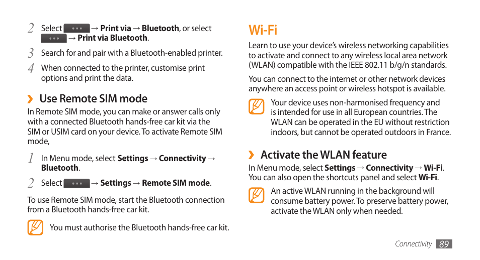 Wi-fi, Activate the wlan feature, Use remote sim mode | Samsung WAVE GT-S8500 User Manual | Page 89 / 145