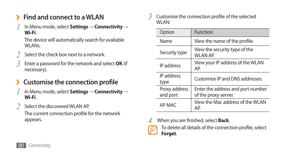 Find and connect to a wlan, Customise the connection profile | Samsung WAVE GT-S8500 User Manual | Page 90 / 145