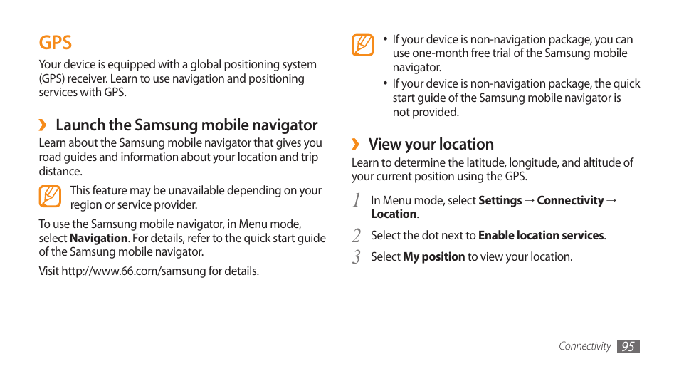 View your location, Launch the samsung mobile navigator | Samsung WAVE GT-S8500 User Manual | Page 95 / 145