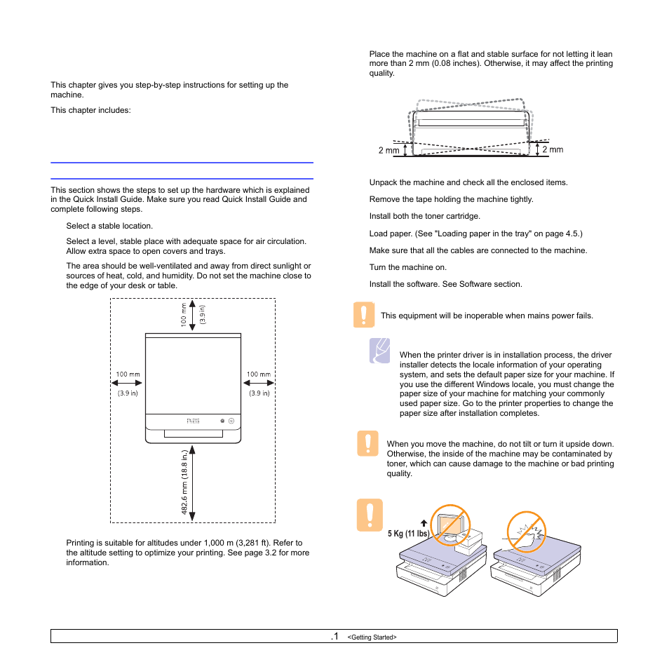 Getting started, Setting up the hardware | Samsung ML-1630 User Manual | Page 18 / 81