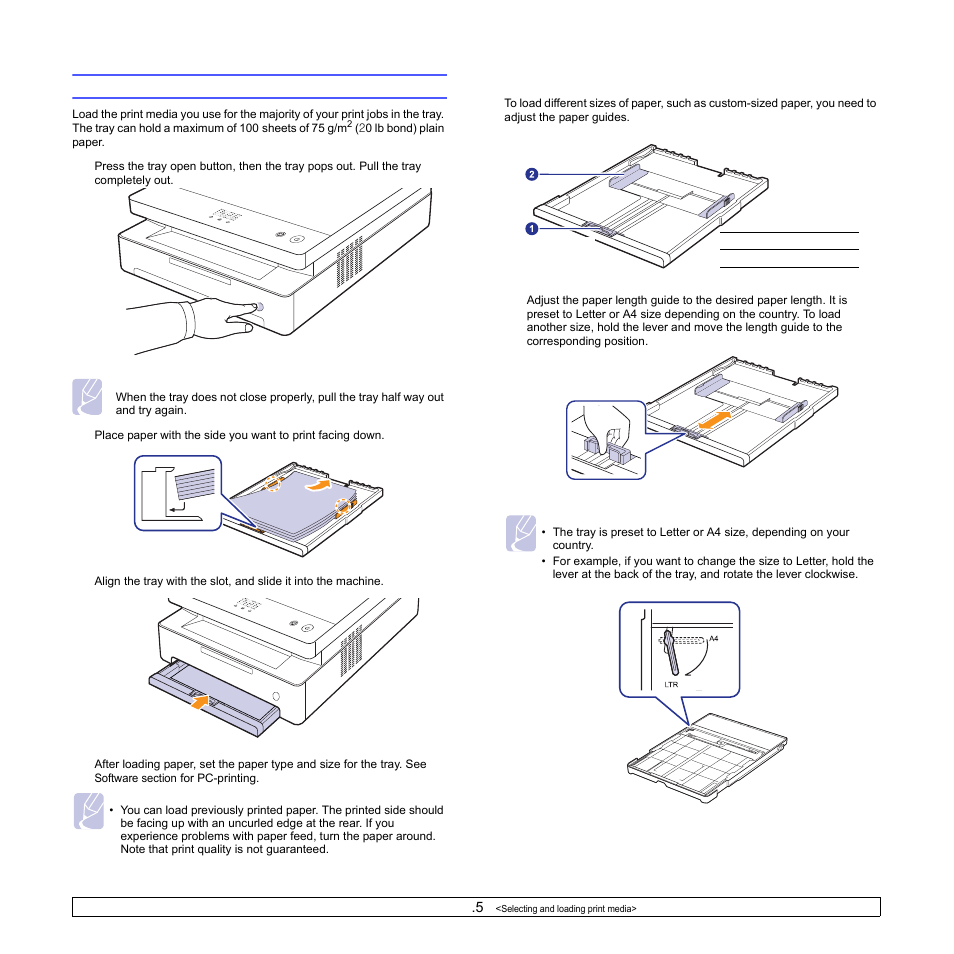 Loading paper in the tray, Changing the paper size in the tray | Samsung ML-1630 User Manual | Page 24 / 81