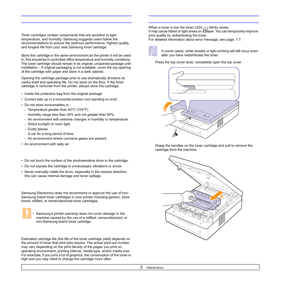Maintaining the cartridge, Toner cartridge storage, Handling instructions | Use of non-samsung and refilled toner cartridge, Estimated cartridge life, Redistributing toner | Samsung ML-1630 User Manual | Page 29 / 81