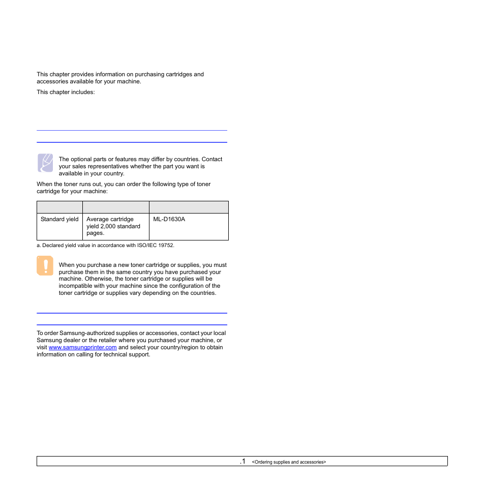 Ordering supplies and accessories, Supplies, How to purchase | Supplies how to purchase | Samsung ML-1630 User Manual | Page 46 / 81